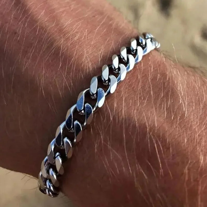 Pulseira masculina, estilo corrente cubana de aço inoxidável, clássica punk